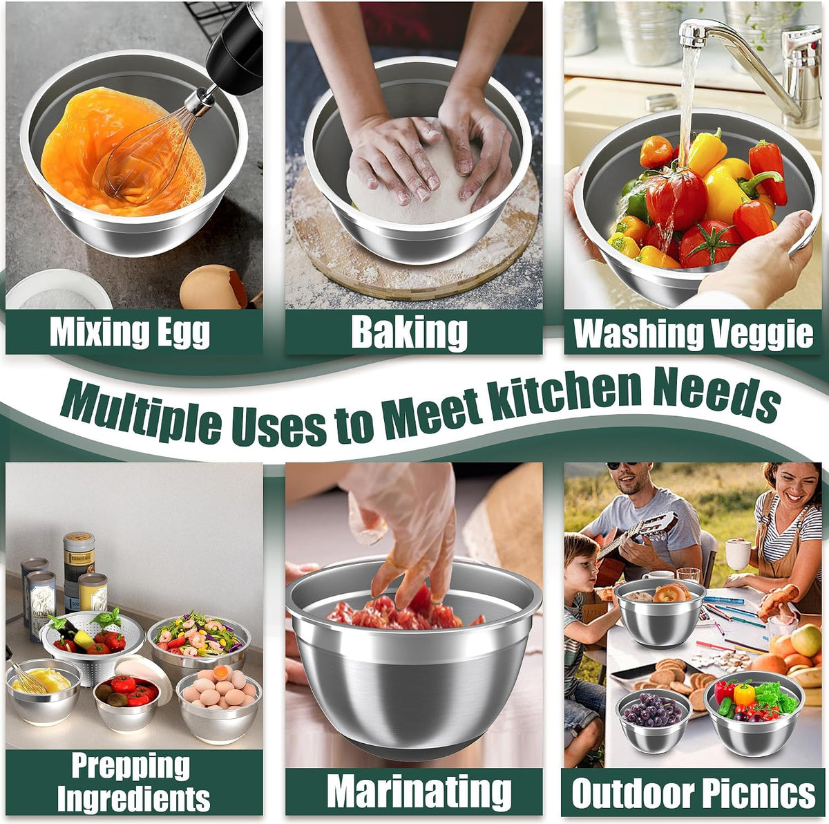 Nicdiet Mixing Bowls with Lids Set, 16PCS Stainless Steel Mixing Bowls,Nesting Storage Bowls for Kitchen with Mixing Bowl, Colander, Strainer & Grater, Metal Salad Bowl for Kitchen Gadgets, Black