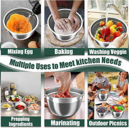 Nicdiet Mixing Bowls with Lids Set, 16PCS Stainless Steel Mixing Bowls,Nesting Storage Bowls for Kitchen with Mixing Bowl, Colander, Strainer & Grater, Metal Salad Bowl for Kitchen Gadgets, Black