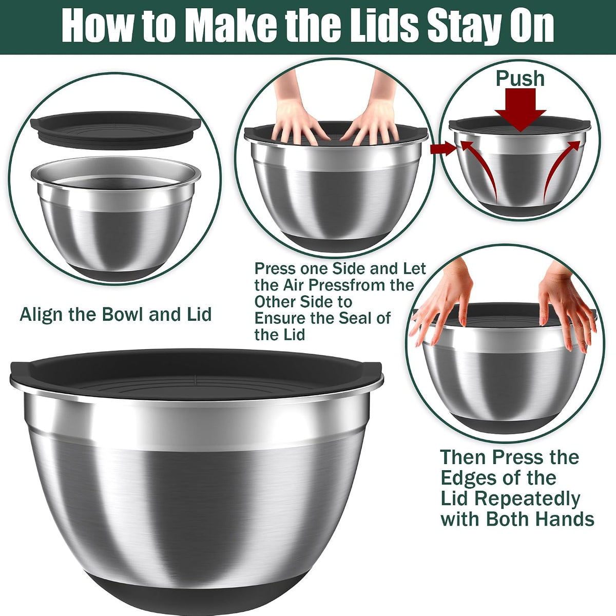 Nicdiet Mixing Bowls with Lids Set, 16PCS Stainless Steel Mixing Bowls,Nesting Storage Bowls for Kitchen with Mixing Bowl, Colander, Strainer & Grater, Metal Salad Bowl for Kitchen Gadgets, Black