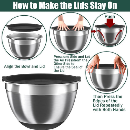 Nicdiet Mixing Bowls with Lids Set, 16PCS Stainless Steel Mixing Bowls,Nesting Storage Bowls for Kitchen with Mixing Bowl, Colander, Strainer & Grater, Metal Salad Bowl for Kitchen Gadgets, Black