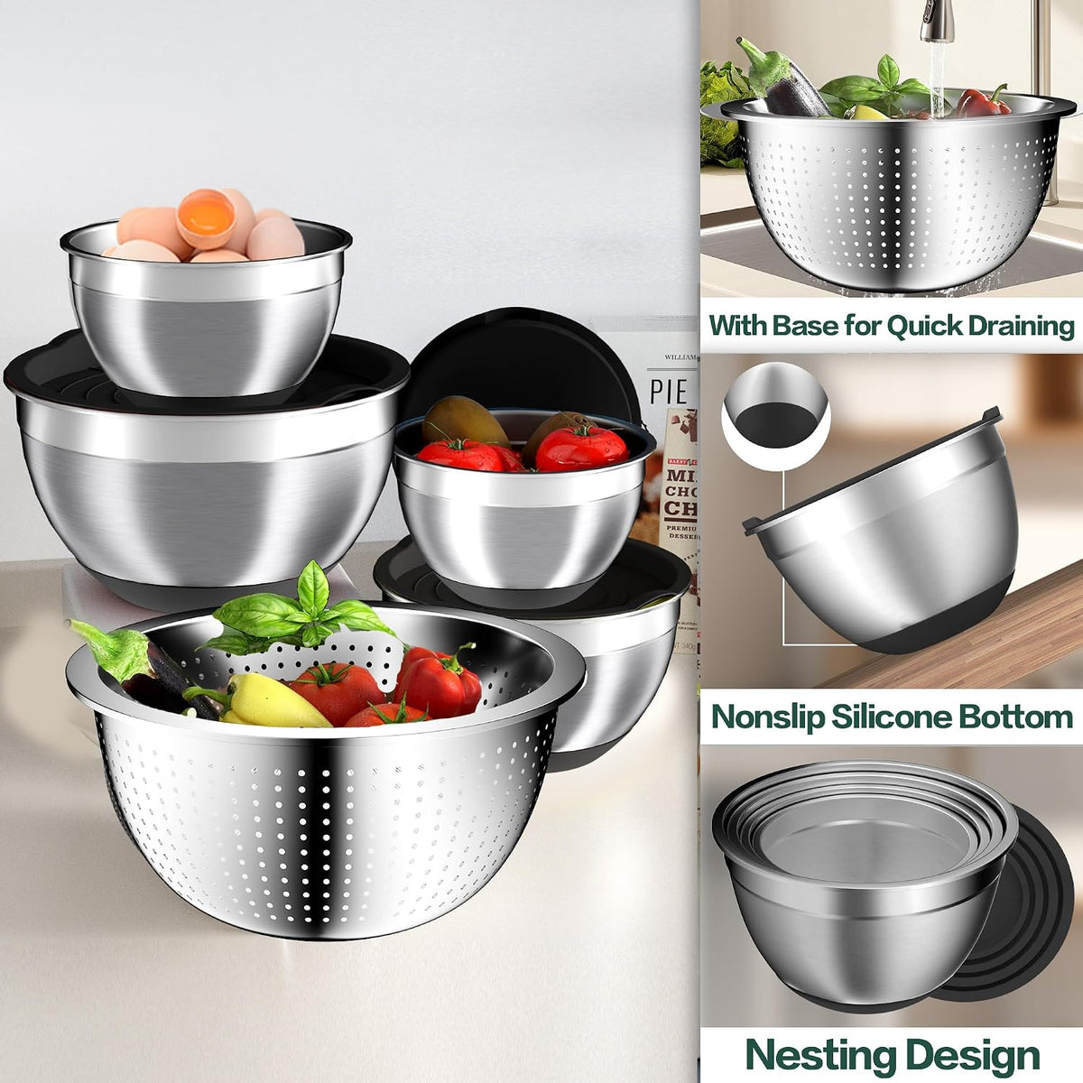 Nicdiet Mixing Bowls with Lids Set, 16PCS Stainless Steel Mixing Bowls,Nesting Storage Bowls for Kitchen with Mixing Bowl, Colander, Strainer & Grater, Metal Salad Bowl for Kitchen Gadgets, Black