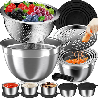 Nicdiet Mixing Bowls with Lids Set, 16PCS Stainless Steel Mixing Bowls,Nesting Storage Bowls for Kitchen with Mixing Bowl, Colander, Strainer & Grater, Metal Salad Bowl for Kitchen Gadgets, Black