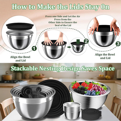 Nicdiet Mixing Bowls with Lids Set, 16PCS Stainless Steel Mixing Bowls,Nesting Storage Bowls for Kitchen with Mixing Bowl, Colander, Strainer & Grater, Metal Salad Bowl for Kitchen Gadgets, Black