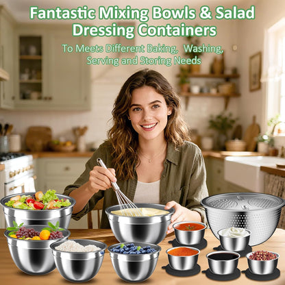 Nicdiet Mixing Bowls with Lids Set, 16PCS Stainless Steel Mixing Bowls,Nesting Storage Bowls for Kitchen with Mixing Bowl, Colander, Strainer & Grater, Metal Salad Bowl for Kitchen Gadgets, Black