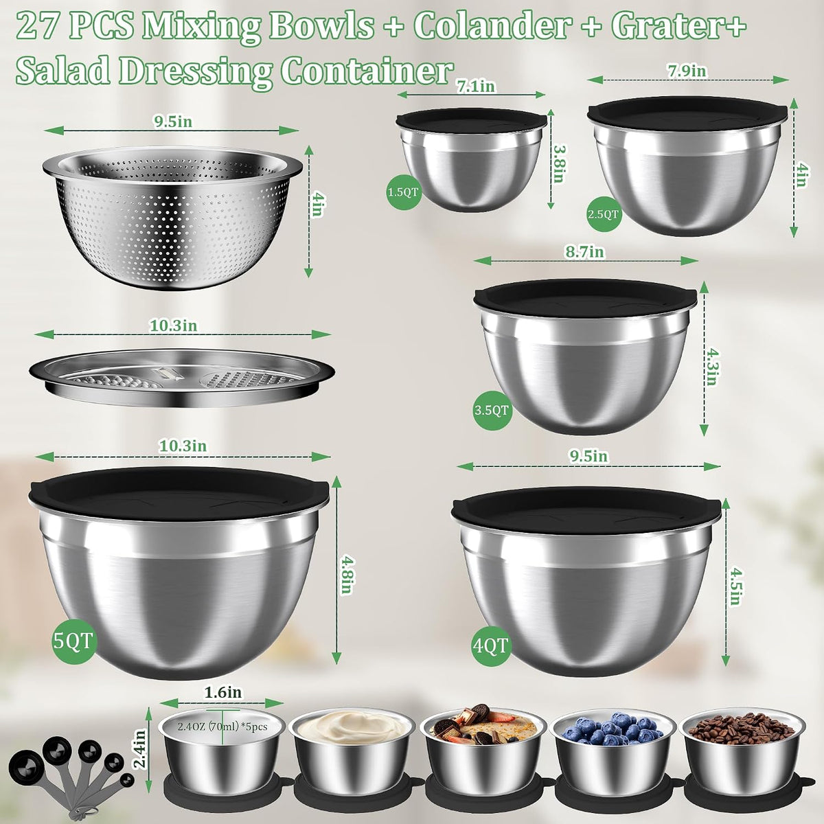 Nicdiet Mixing Bowls with Lids Set, 16PCS Stainless Steel Mixing Bowls,Nesting Storage Bowls for Kitchen with Mixing Bowl, Colander, Strainer & Grater, Metal Salad Bowl for Kitchen Gadgets, Black