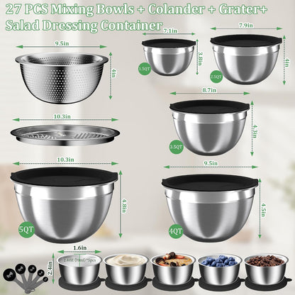Nicdiet Mixing Bowls with Lids Set, 16PCS Stainless Steel Mixing Bowls,Nesting Storage Bowls for Kitchen with Mixing Bowl, Colander, Strainer & Grater, Metal Salad Bowl for Kitchen Gadgets, Black