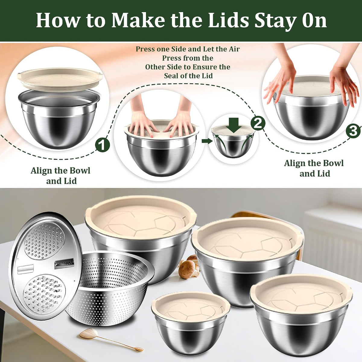 Nicdiet Mixing Bowls with Lids Set, 16PCS Stainless Steel Mixing Bowls,Nesting Storage Bowls for Kitchen with Mixing Bowl, Colander, Strainer & Grater, Metal Salad Bowl for Kitchen Gadgets, Black