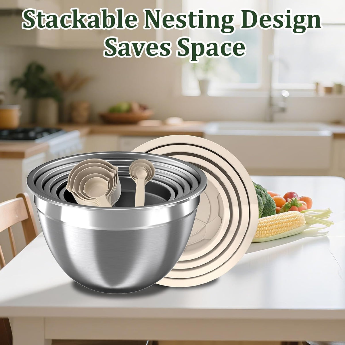 Nicdiet Mixing Bowls with Lids Set, 16PCS Stainless Steel Mixing Bowls,Nesting Storage Bowls for Kitchen with Mixing Bowl, Colander, Strainer & Grater, Metal Salad Bowl for Kitchen Gadgets, Black