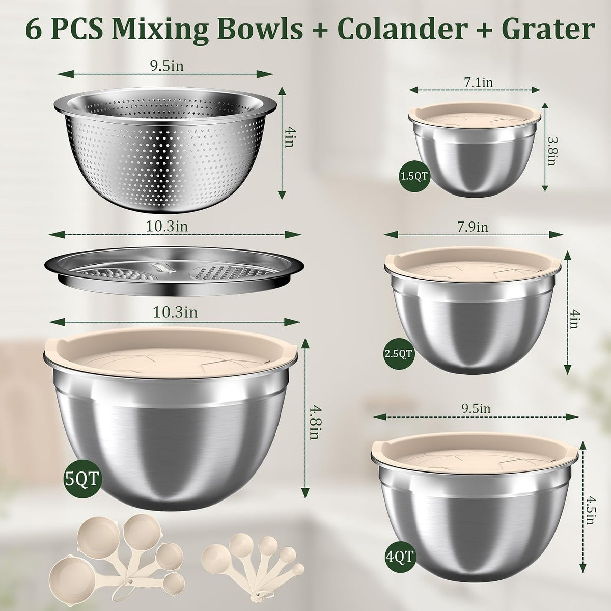 Nicdiet Mixing Bowls with Lids Set, 16PCS Stainless Steel Mixing Bowls,Nesting Storage Bowls for Kitchen with Mixing Bowl, Colander, Strainer & Grater, Metal Salad Bowl for Kitchen Gadgets, Black