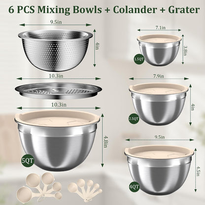 Nicdiet Mixing Bowls with Lids Set, 16PCS Stainless Steel Mixing Bowls,Nesting Storage Bowls for Kitchen with Mixing Bowl, Colander, Strainer & Grater, Metal Salad Bowl for Kitchen Gadgets, Black