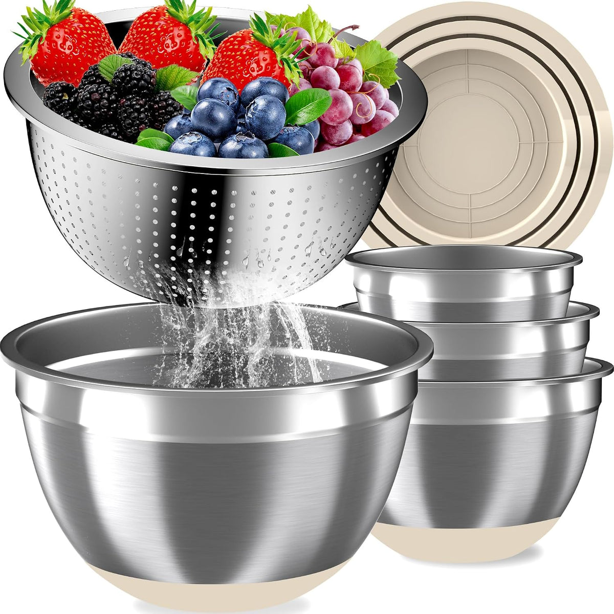 Nicdiet Mixing Bowls with Lids Set, 16PCS Stainless Steel Mixing Bowls,Nesting Storage Bowls for Kitchen with Mixing Bowl, Colander, Strainer & Grater, Metal Salad Bowl for Kitchen Gadgets, Black