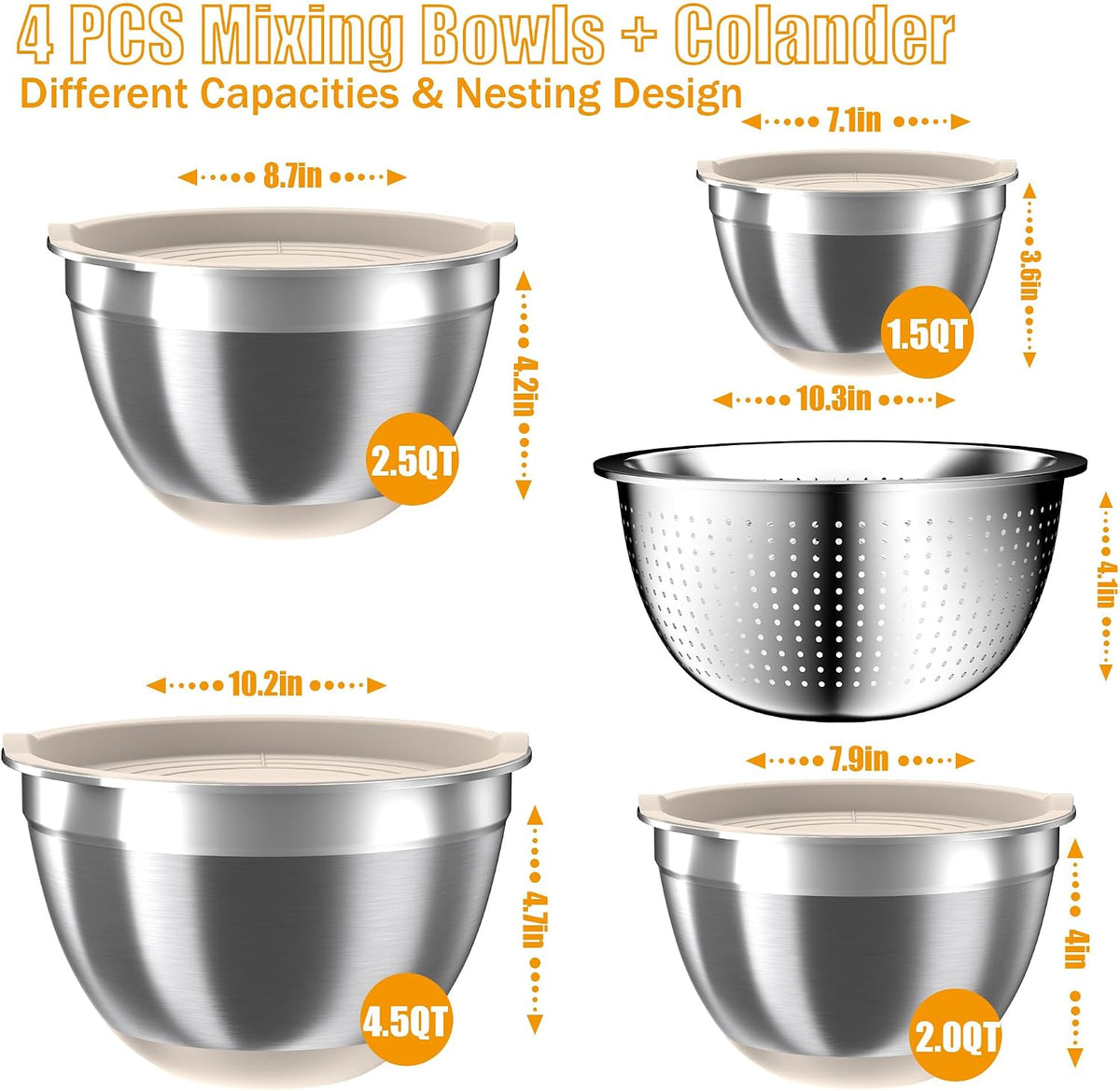 Nicdiet Mixing Bowls with Lids Set, 16PCS Stainless Steel Mixing Bowls,Nesting Storage Bowls for Kitchen with Mixing Bowl, Colander, Strainer & Grater, Metal Salad Bowl for Kitchen Gadgets, Black