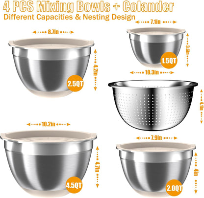Nicdiet Mixing Bowls with Lids Set, 16PCS Stainless Steel Mixing Bowls,Nesting Storage Bowls for Kitchen with Mixing Bowl, Colander, Strainer & Grater, Metal Salad Bowl for Kitchen Gadgets, Black