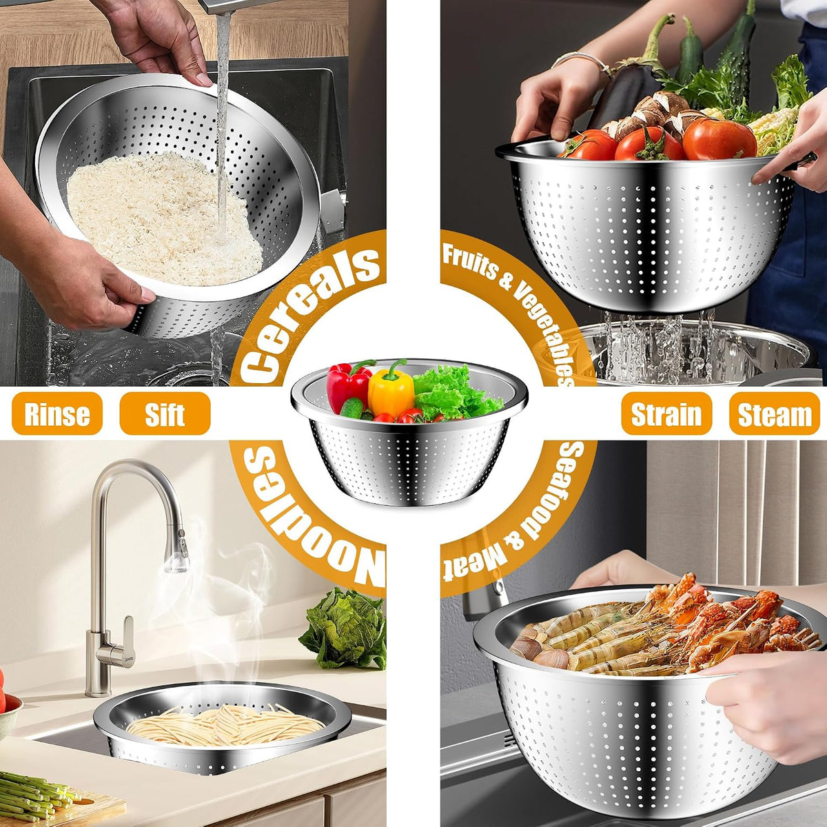 Nicdiet Mixing Bowls with Lids Set, 16PCS Stainless Steel Mixing Bowls,Nesting Storage Bowls for Kitchen with Mixing Bowl, Colander, Strainer & Grater, Metal Salad Bowl for Kitchen Gadgets, Black