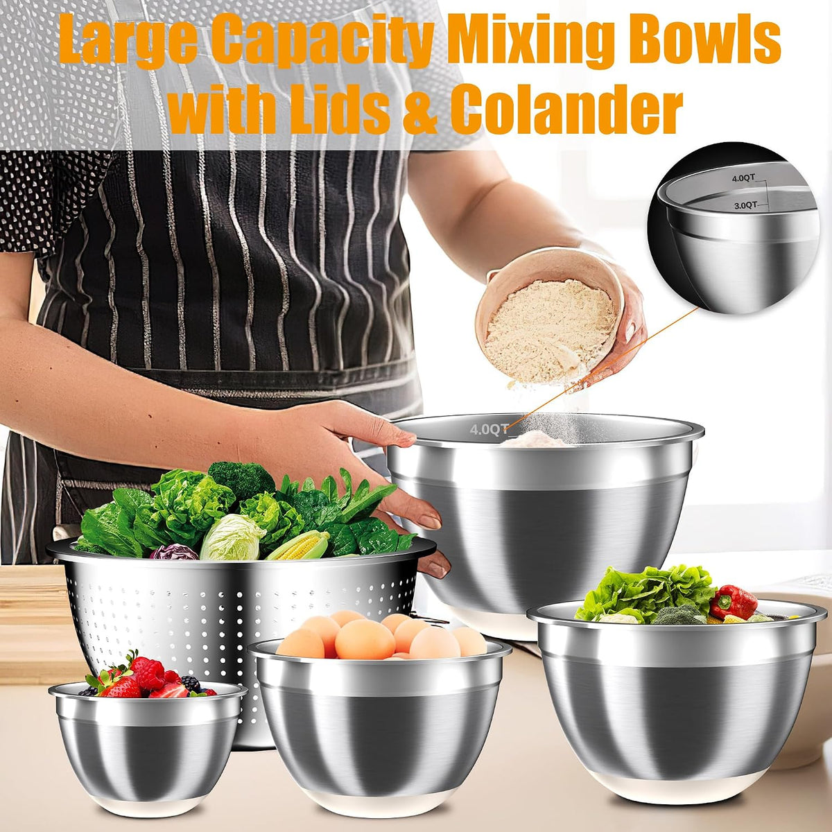 Nicdiet Mixing Bowls with Lids Set, 16PCS Stainless Steel Mixing Bowls,Nesting Storage Bowls for Kitchen with Mixing Bowl, Colander, Strainer & Grater, Metal Salad Bowl for Kitchen Gadgets, Black
