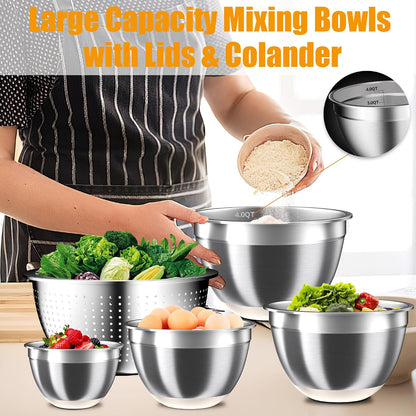 Nicdiet Mixing Bowls with Lids Set, 16PCS Stainless Steel Mixing Bowls,Nesting Storage Bowls for Kitchen with Mixing Bowl, Colander, Strainer & Grater, Metal Salad Bowl for Kitchen Gadgets, Black