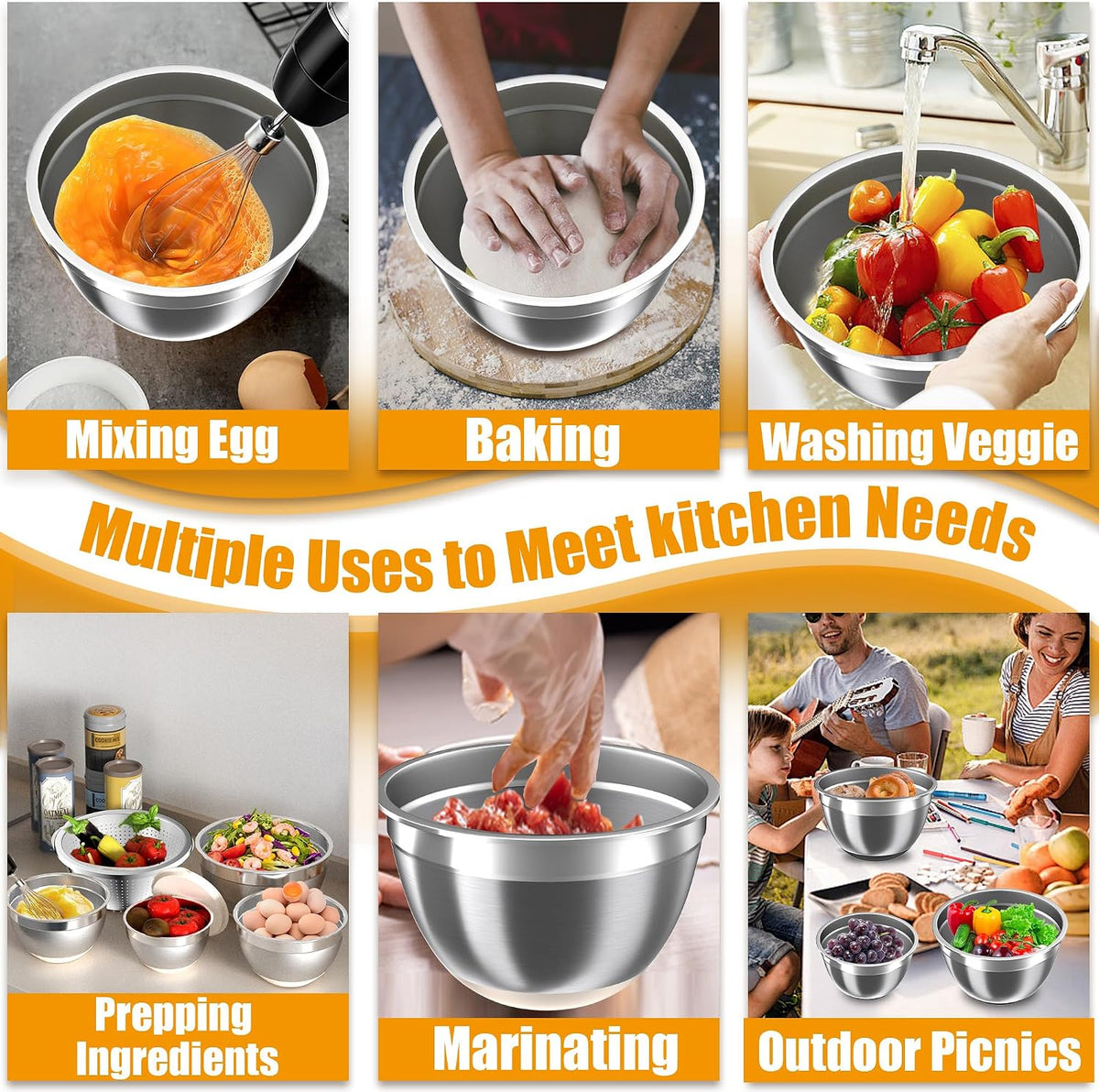 Nicdiet Mixing Bowls with Lids Set, 16PCS Stainless Steel Mixing Bowls,Nesting Storage Bowls for Kitchen with Mixing Bowl, Colander, Strainer & Grater, Metal Salad Bowl for Kitchen Gadgets, Black