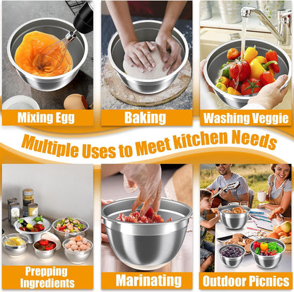 Nicdiet Mixing Bowls with Lids Set, 16PCS Stainless Steel Mixing Bowls,Nesting Storage Bowls for Kitchen with Mixing Bowl, Colander, Strainer & Grater, Metal Salad Bowl for Kitchen Gadgets, Black