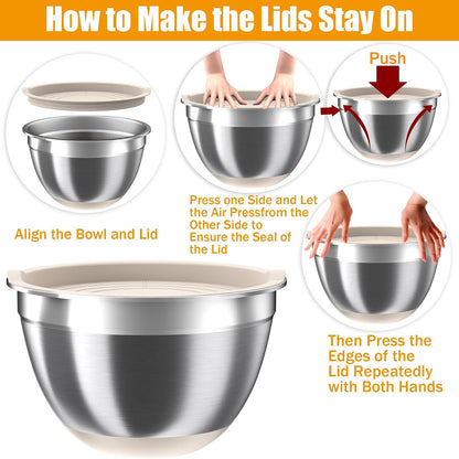Nicdiet Mixing Bowls with Lids Set, 16PCS Stainless Steel Mixing Bowls,Nesting Storage Bowls for Kitchen with Mixing Bowl, Colander, Strainer & Grater, Metal Salad Bowl for Kitchen Gadgets, Black