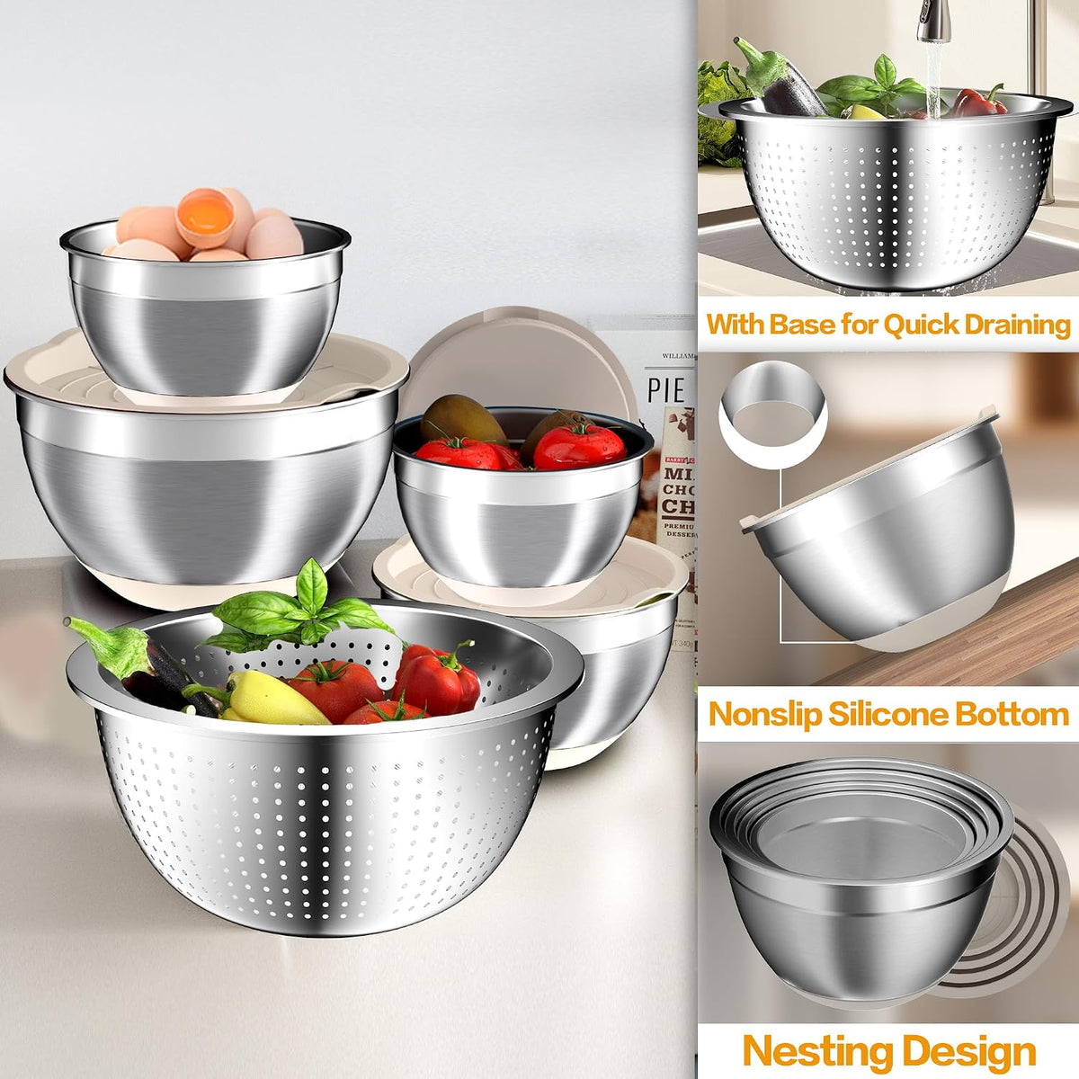 Nicdiet Mixing Bowls with Lids Set, 16PCS Stainless Steel Mixing Bowls,Nesting Storage Bowls for Kitchen with Mixing Bowl, Colander, Strainer & Grater, Metal Salad Bowl for Kitchen Gadgets, Black