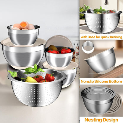 Nicdiet Mixing Bowls with Lids Set, 16PCS Stainless Steel Mixing Bowls,Nesting Storage Bowls for Kitchen with Mixing Bowl, Colander, Strainer & Grater, Metal Salad Bowl for Kitchen Gadgets, Black