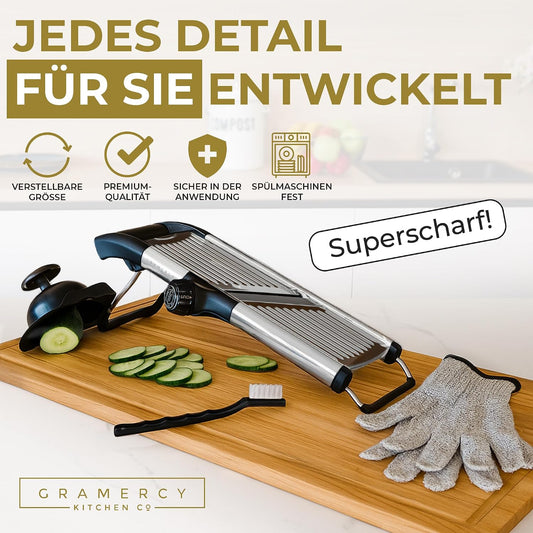 Gramercy Adjustable Mandoline Food Slicer, Mandoline Slicer for Kitchen, Mandolin, Potato, Tomato, Carrot, Vegetable, Fruit and Onion Cutter - Stainless Steel - INCLUDING 1 Pair Cut-Resistant Gloves