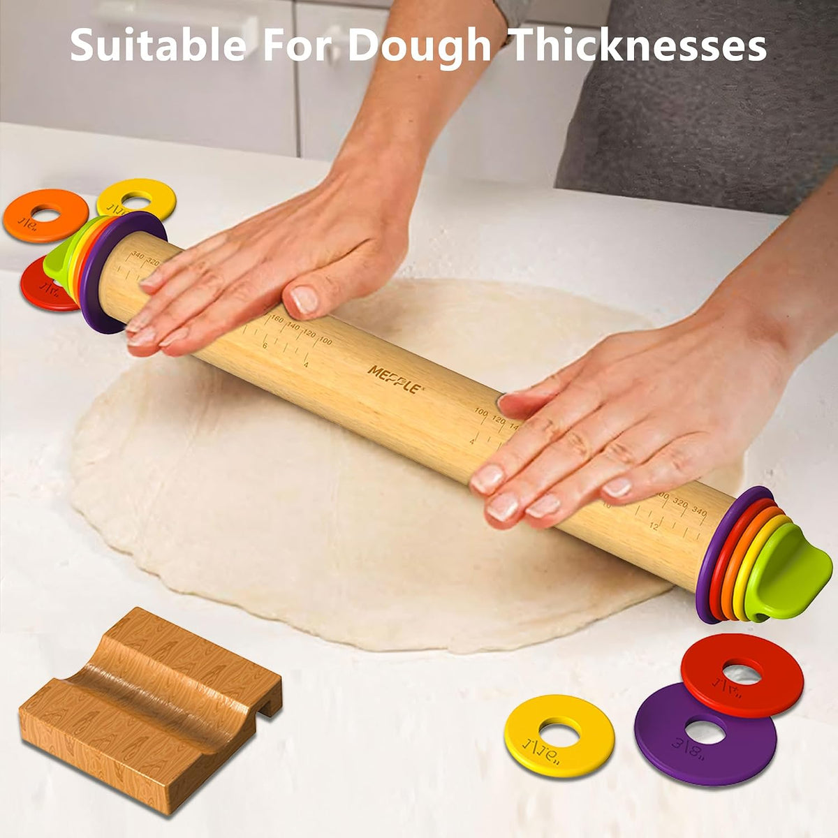 Rolling Pin with Thickness Rings,13.6''Dough Roller Fits Even Baking Dough