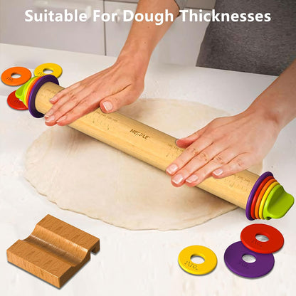 Rolling Pin with Thickness Rings,13.6''Dough Roller Fits Even Baking Dough