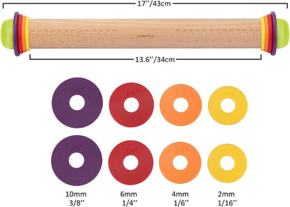Rolling Pin with Thickness Rings,13.6''Dough Roller Fits Even Baking Dough