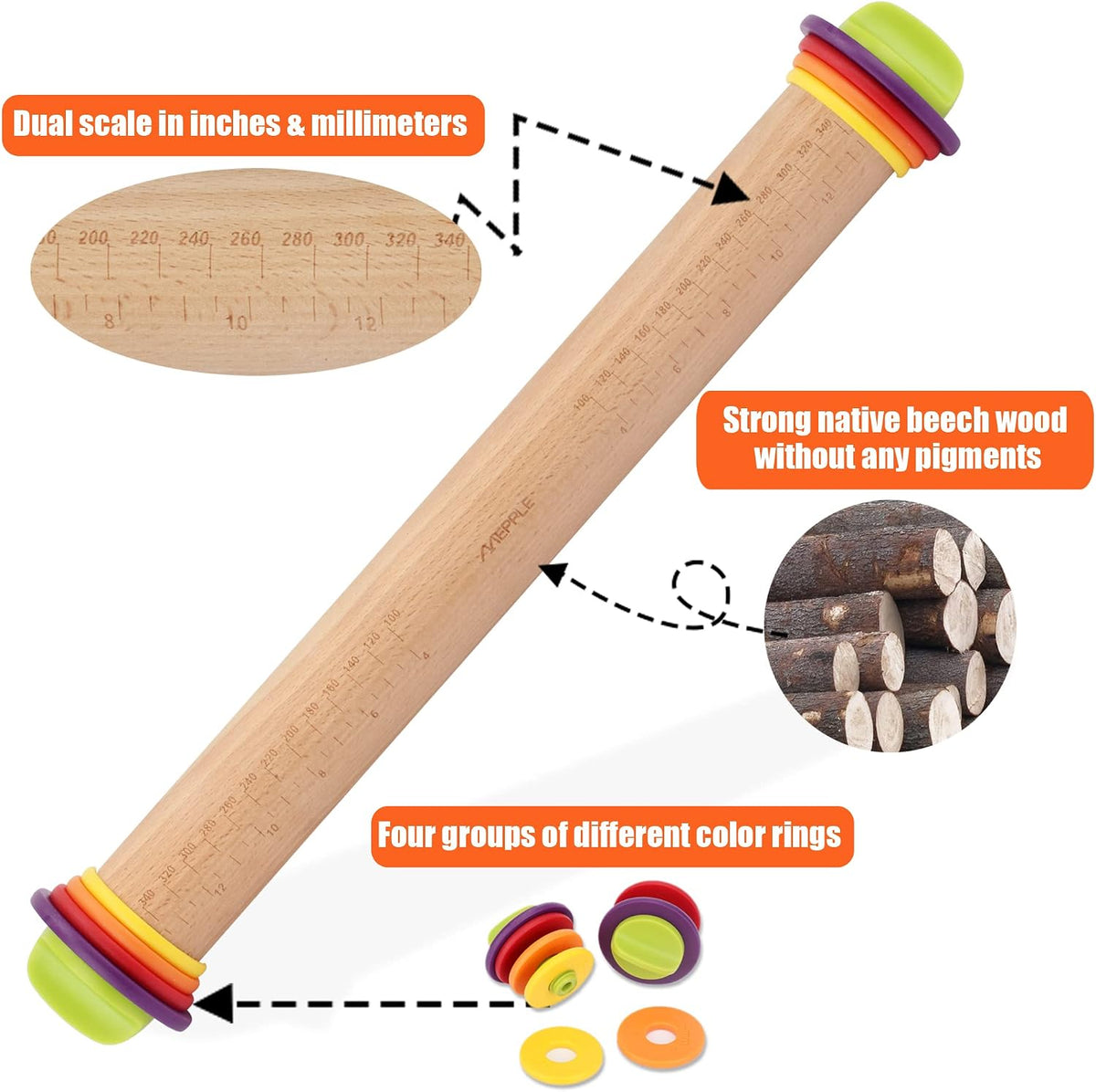 Rolling Pin with Thickness Rings,13.6''Dough Roller Fits Even Baking Dough