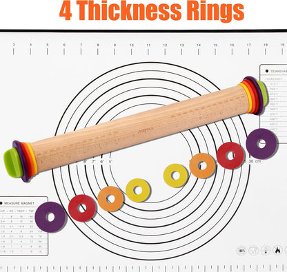 Rolling Pin with Thickness Rings,13.6''Dough Roller Fits Even Baking Dough