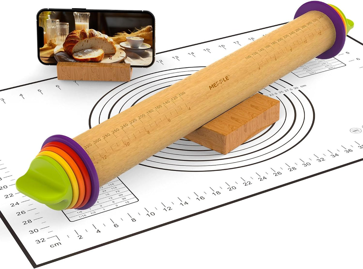 Rolling Pin with Thickness Rings,13.6''Dough Roller Fits Even Baking Dough