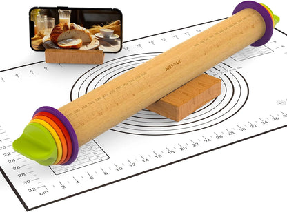 Rolling Pin with Thickness Rings,13.6''Dough Roller Fits Even Baking Dough