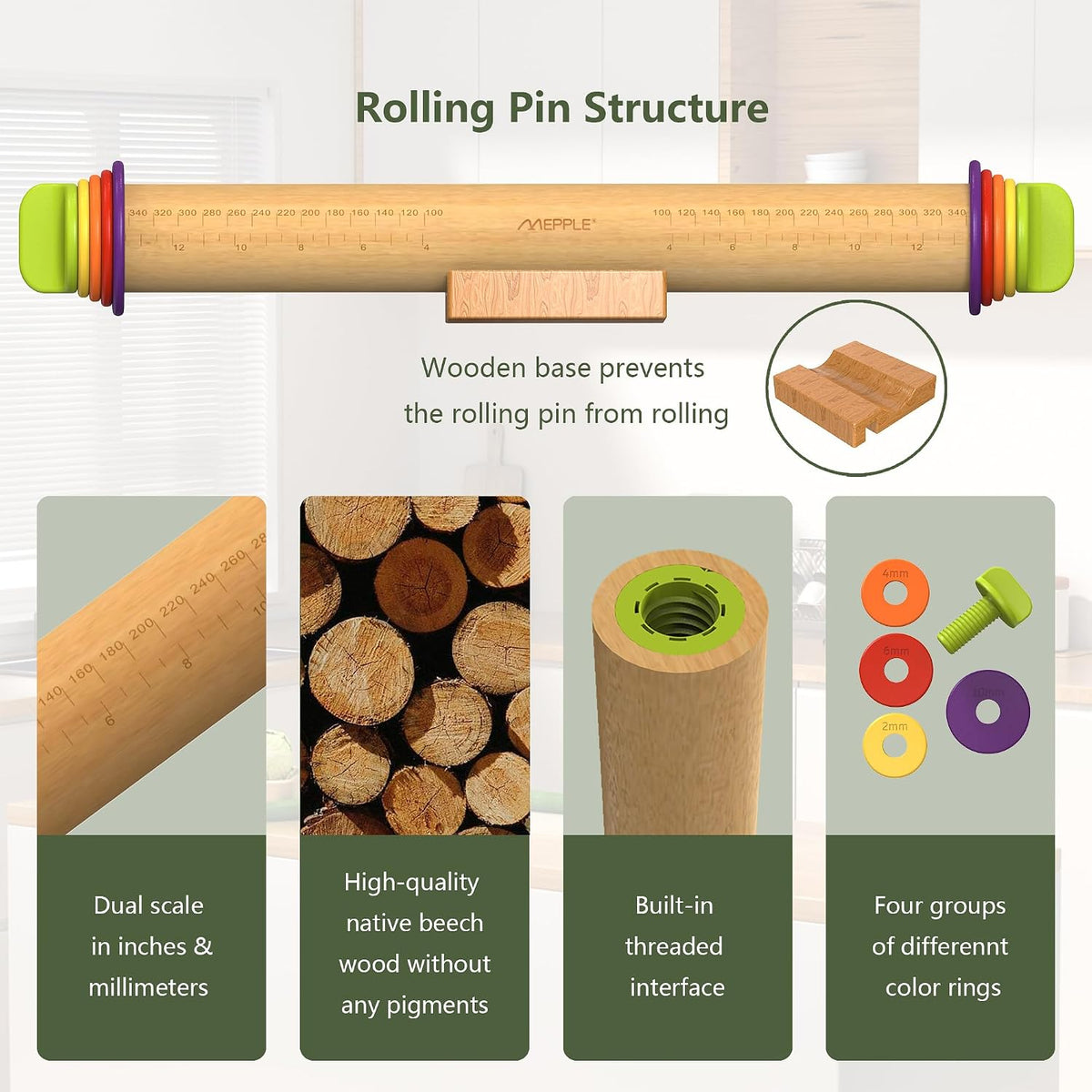 Rolling Pin with Thickness Rings,13.6''Dough Roller Fits Even Baking Dough
