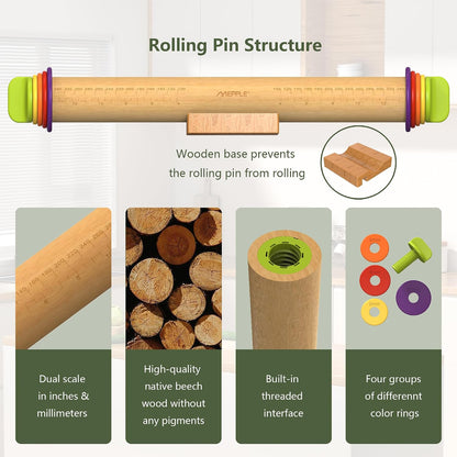 Rolling Pin with Thickness Rings,13.6''Dough Roller Fits Even Baking Dough