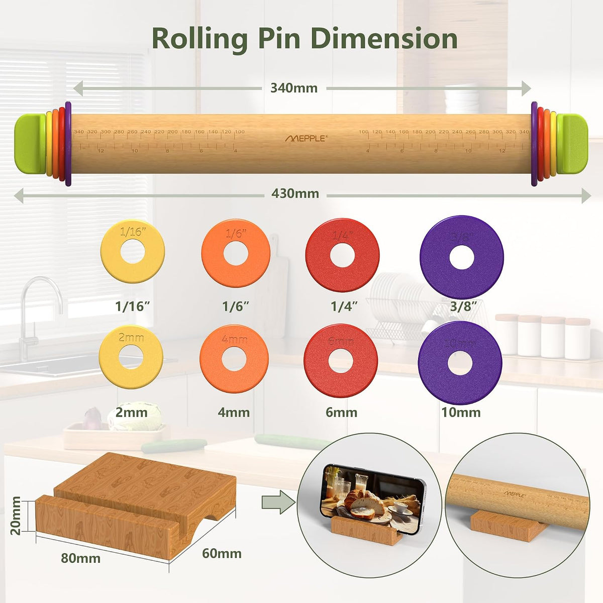 Rolling Pin with Thickness Rings,13.6''Dough Roller Fits Even Baking Dough