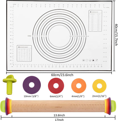 Rolling Pin with Thickness Rings,13.6''Dough Roller Fits Even Baking Dough