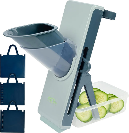 Safe Mandoline Slicer for Kitchen - 4-in-1 Multifunctional Vegetable Chopper, Julienne, Dicer, French Fry & Potato Slicer with Adjustable Thickness - Food Prep Made Easy (Blue & Gray)