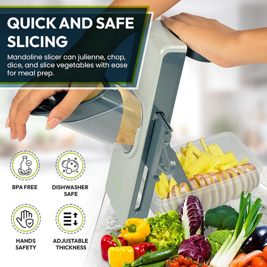 Safe Mandoline Slicer for Kitchen - 4-in-1 Multifunctional Vegetable Chopper, Julienne, Dicer, French Fry & Potato Slicer with Adjustable Thickness - Food Prep Made Easy (Blue & Gray)