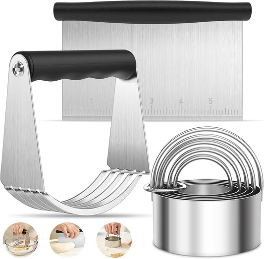 Biscuit Cutter Set, Stainless Steel Round Cookie Cutter with Bench Scraper & Pastry Blender, Professional Kitchen Baking Dough Tools (3-Piece Set)