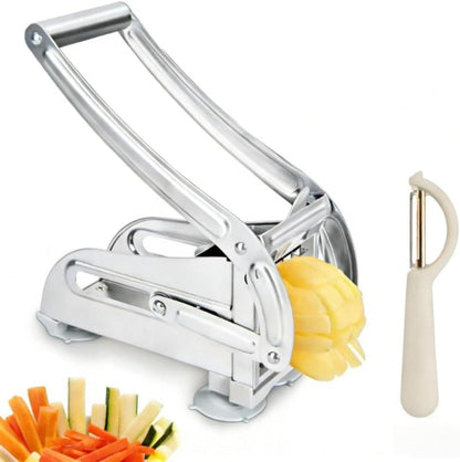 Suction cup type slicer, French fry cutter, press-type slicer. Comes with two blades (36/64 holes) and a peeler. Suitable for slicing potatoes, cucumbers, and carrots into strips.