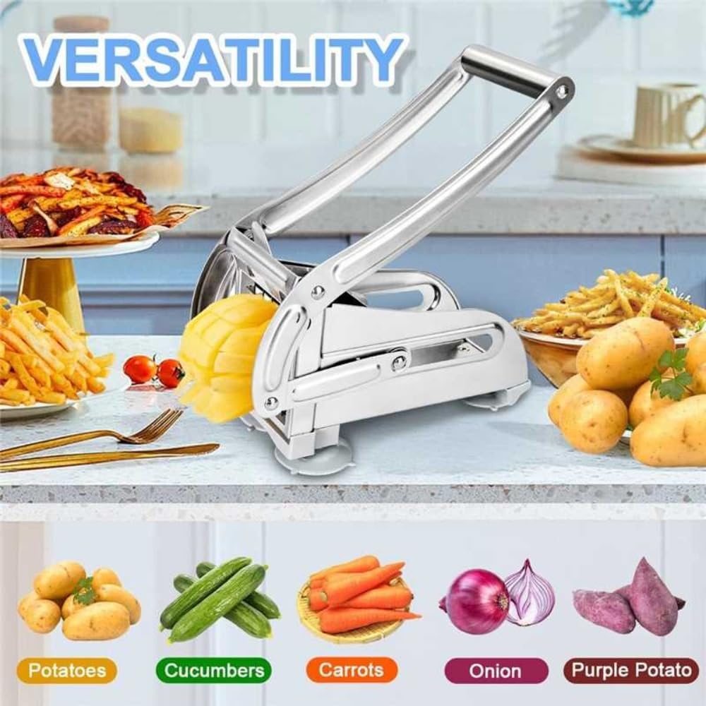 Suction cup type slicer, French fry cutter, press-type slicer. Comes with two blades (36/64 holes) and a peeler. Suitable for slicing potatoes, cucumbers, and carrots into strips.