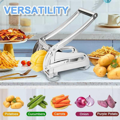 Suction cup type slicer, French fry cutter, press-type slicer. Comes with two blades (36/64 holes) and a peeler. Suitable for slicing potatoes, cucumbers, and carrots into strips.