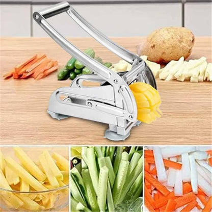 Suction cup type slicer, French fry cutter, press-type slicer. Comes with two blades (36/64 holes) and a peeler. Suitable for slicing potatoes, cucumbers, and carrots into strips.