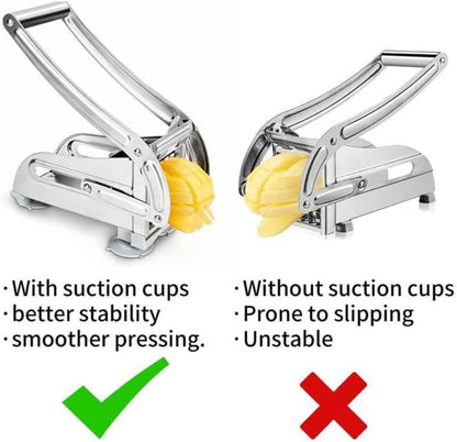 Suction cup type slicer, French fry cutter, press-type slicer. Comes with two blades (36/64 holes) and a peeler. Suitable for slicing potatoes, cucumbers, and carrots into strips.