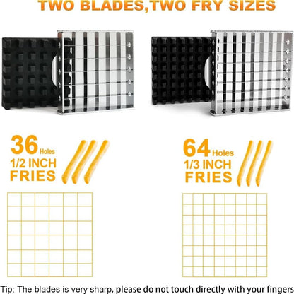 Suction cup type slicer, French fry cutter, press-type slicer. Comes with two blades (36/64 holes) and a peeler. Suitable for slicing potatoes, cucumbers, and carrots into strips.
