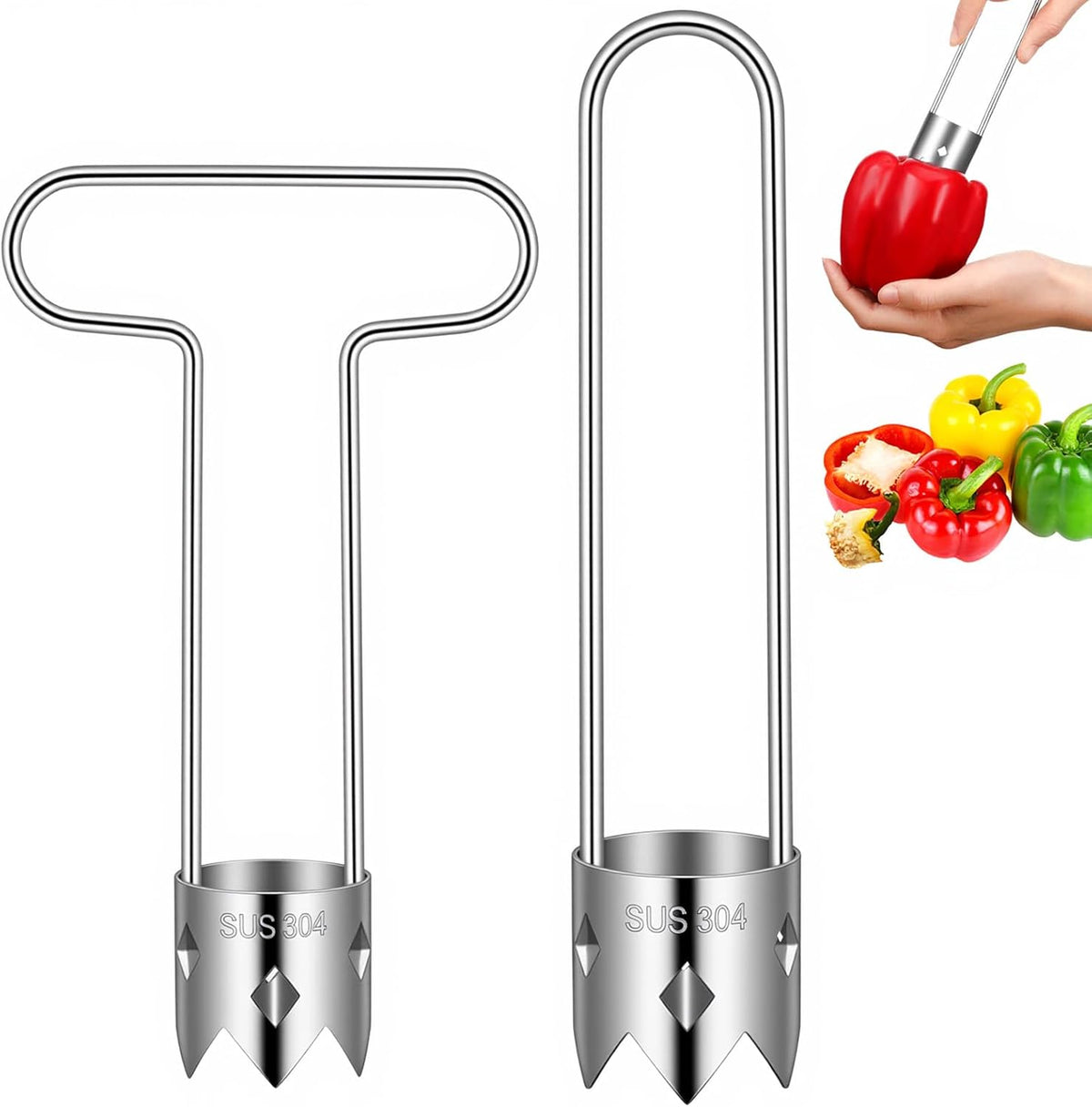 2PCS Bell Pepper Corer Pepper Seed Corer Remover 2 in 1,Silver
