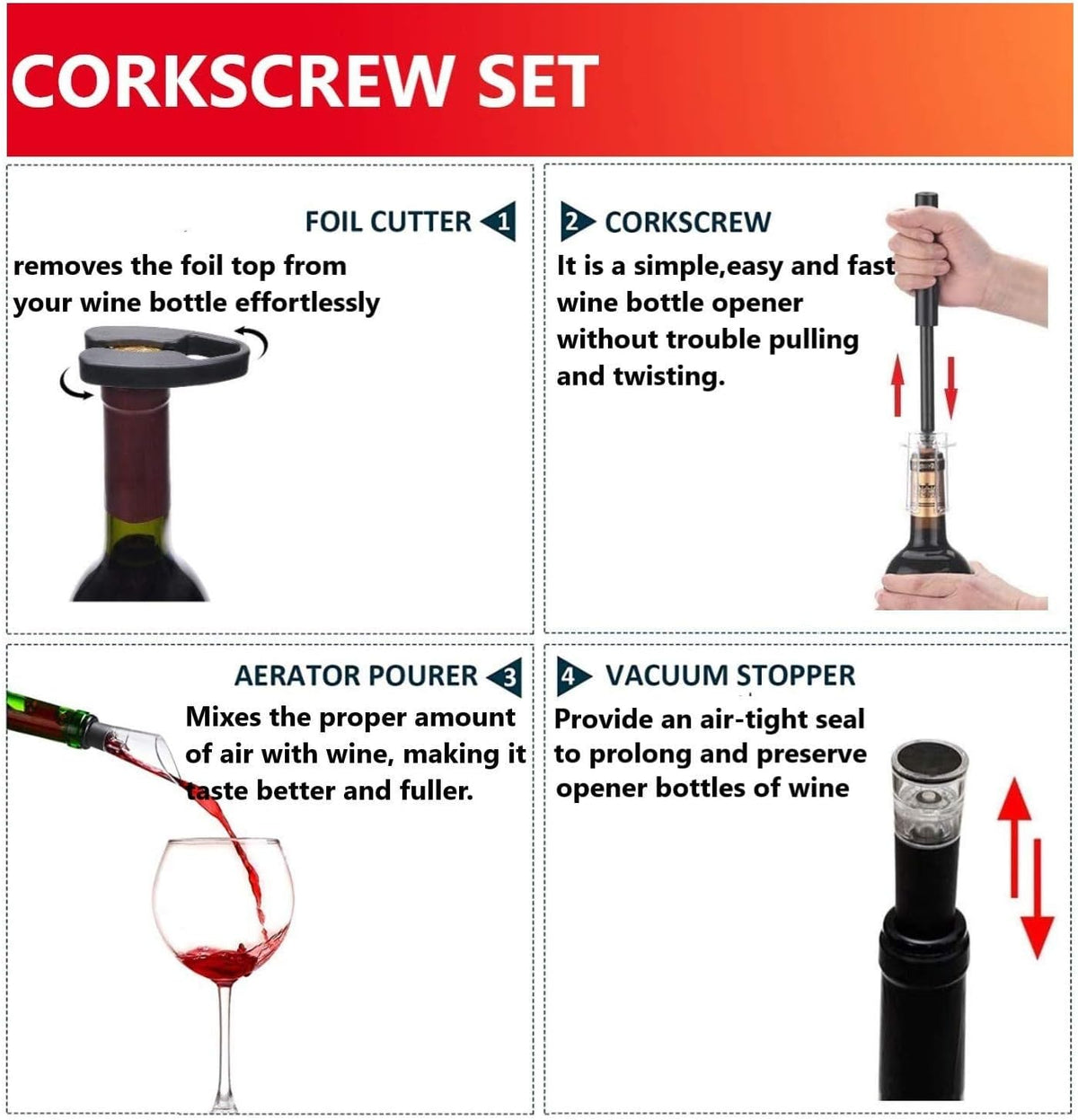 Air Pressure Pump Bottle Opener With Foil Cutter,Aerator Pourer,Vacuum Stopper(4PCS),Simple Cork Remover,Efficient Corkscrew Bottle Opener,Great For Wine Lovers,Perfect Wine Gift.