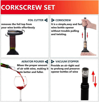 Air Pressure Pump Bottle Opener With Foil Cutter,Aerator Pourer,Vacuum Stopper(4PCS),Simple Cork Remover,Efficient Corkscrew Bottle Opener,Great For Wine Lovers,Perfect Wine Gift.