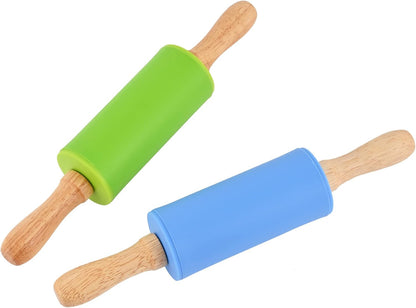 Mini Silicone Rolling Pin for Kids, Non-stick Surface Wood Handle, 9 Inch 1 Pack Blue